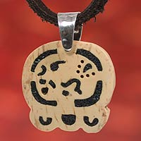 Men's volcanic ash pendant necklace, 'Ee' - Men's Nahual Coconut Shell Leather Pendant Necklace