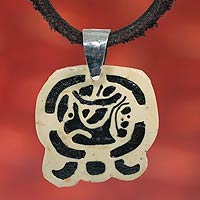 Men's volcanic ash pendant necklace, 'Tz'ikin Symbol ' - Men's Collectible Nahual Coconut Shell Cord Necklace