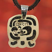 Men's volcanic ash pendant necklace, 'Kan' - Men's Inspirational Leather Coconut Shell Pendant Necklace
