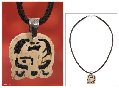 Men's volcanic ash pendant necklace, 'Kej' - Fair Trade Coconut Shell Sterling Silver Pendant Necklace