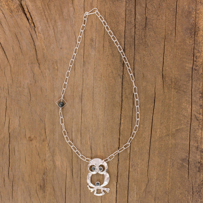 Jade pendant necklace, 'Owl Spirit' - Sterling Silver Pendant Jade Bird Necklace