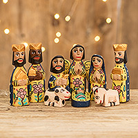 Wood mini nativity scene, 'Rejoice' (set of 9) - Handcrafted 9 Piece Nativity Scene Set