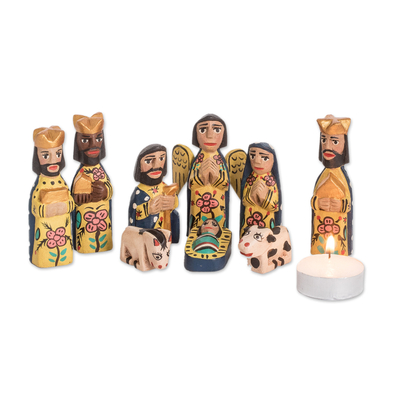 Wood mini nativity scene, 'Rejoice' (set of 9) - Handcrafted 9 Piece Nativity Scene Set