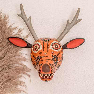 Wood mask, 'Orange Maya Deer' - Handcrafted Wood Animal Mask Wall Sculpture