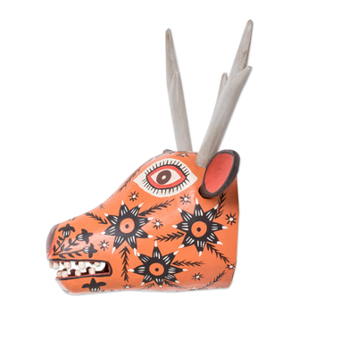 Wood mask, 'Orange Maya Deer' - Handcrafted Wood Animal Mask Wall Sculpture