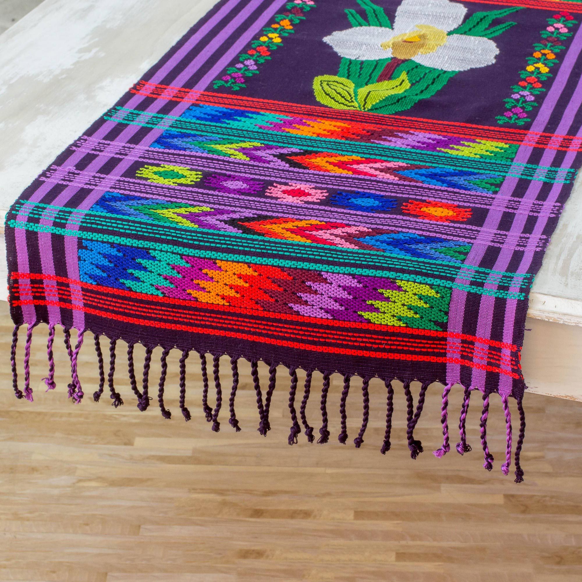 Cotton table runner - White Nun Orchid | NOVICA