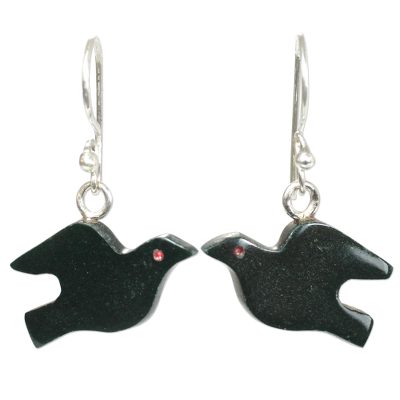 Jade dangle earrings, 'Black Swallows' - Hand Made Jade Bird Dangle Earrings