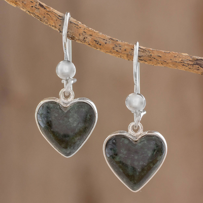 Jade heart earrings, 'Wild Heart' - Hand Made Heart Shaped Sterling Silver Dangle Jade Earrings