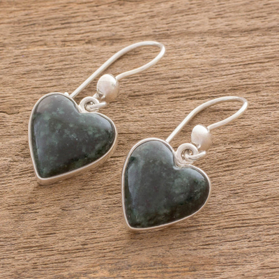 Pendientes corazón de jade - Pendientes colgantes de jade de plata de ley en forma de corazón hechos a mano