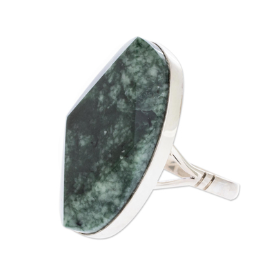 Jade cocktail ring, 'Dark Green Maya Mystique' - Fair Trade Sterling Silver Jade Cocktail Ring