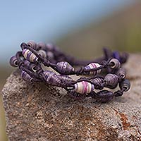 Recycled paper and cotton beaded bracelet, 'Violet Fest'