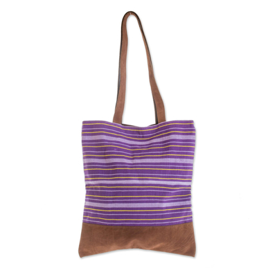 Leather accent cotton shoulder bag, 'Tradition in Lilac' - Hand Woven Cotton and Leather Accent Tote Handbag
