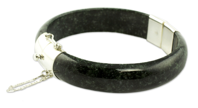 Jade bangle bracelet, 'Verdant Moon' - Artisan Crafted Maya Jade and Silver Bangle Bracelet