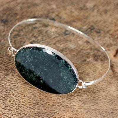 Jade bangle bracelet, 'Modernity' - Modern Sterling Silver Bangle Jade Bracelet