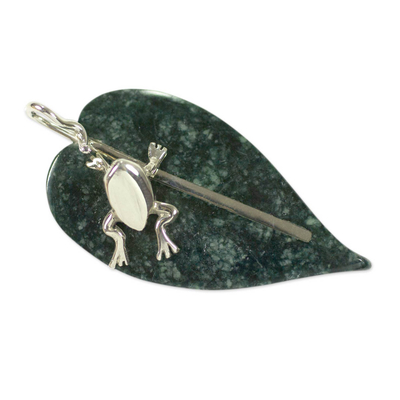 Jade pendant, 'Maya Frog' - Unique Jade Pendant with Sterling Silver