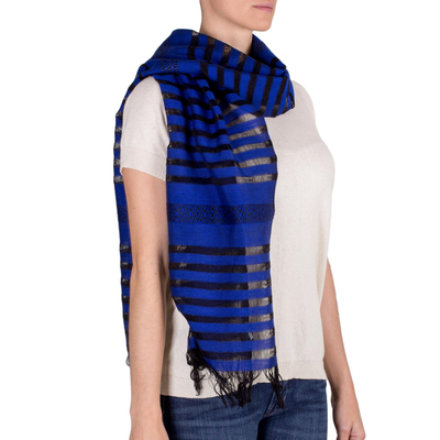 Cotton scarf, 'Blue Totonicapan Diamonds' - Handmade Geometric Cotton Striped Scarf