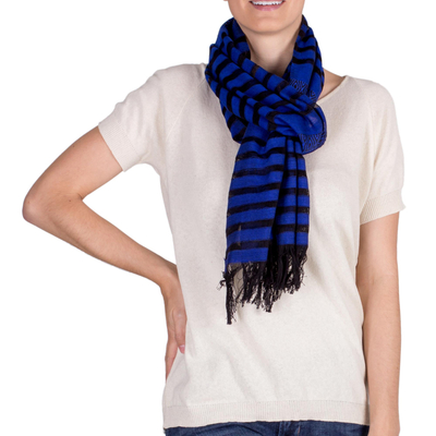 Cotton scarf, 'Blue Totonicapan Diamonds' - Handmade Geometric Cotton Striped Scarf