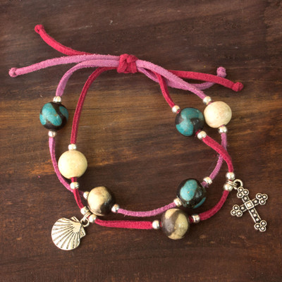 Leather and ceramic charm bracelet, 'Purple Sihua' - Fair Trade Leather Charm Bracelet