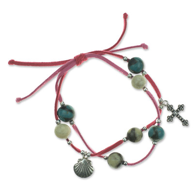 Leather and ceramic charm bracelet, 'Purple Sihua' - Fair Trade Leather Charm Bracelet