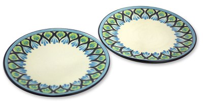 Ceramic dinner plates, 'Owl' (pair) - Artisan Crafted Ceramic Dinnerware Plates (Pair)