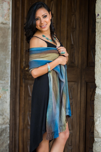 Rayon shawl, 'Ocean Muse' - Handloomed Women's Bamboo fibre Patterned Shawl