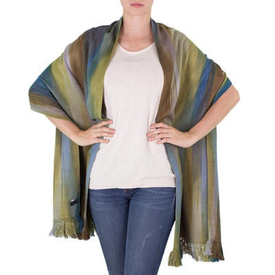Rayon chenille shawl, 'Ocean Muse' - Handloomed Women's Rayon Chenille Patterned Shawl
