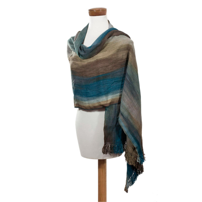 Rayon chenille shawl, 'Ocean Muse' - Handloomed Women's Rayon Chenille Patterned Shawl