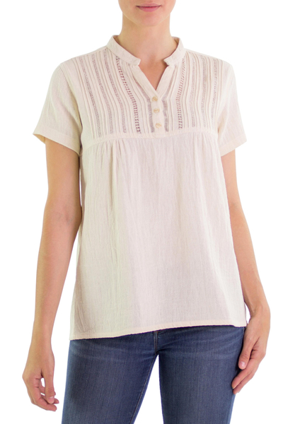 Women's cotton tunic, 'Quiet Sand' - Women's Cotton Embroidered Tunic Top