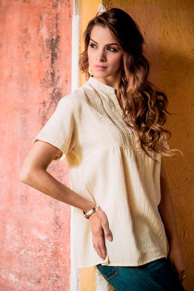 Women's cotton tunic, 'Daisies in Cream' - Ivory Cotton Floral Embroidered Top