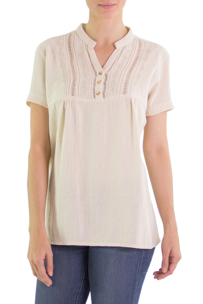 Women's cotton tunic, 'Daisies in Cream' - Ivory Cotton Floral Embroidered Top
