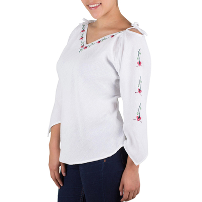 Cotton blouse, 'El Salvador Roses' - Floral Cotton Embroidered Blouse Top from Central America