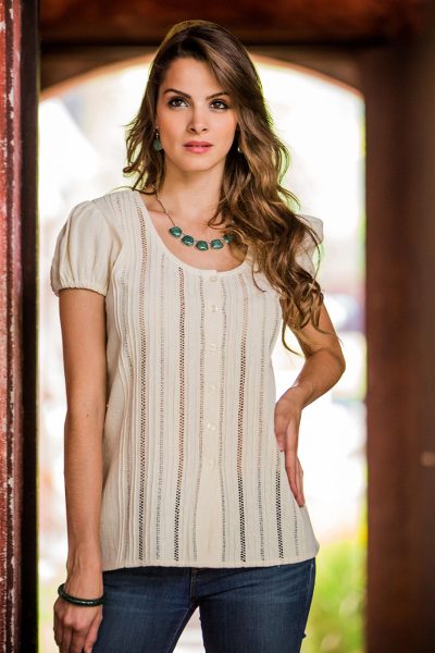 Cotton blouse, 'Natural Beauty' - Hand Made Central American Cotton Ivory Blouse