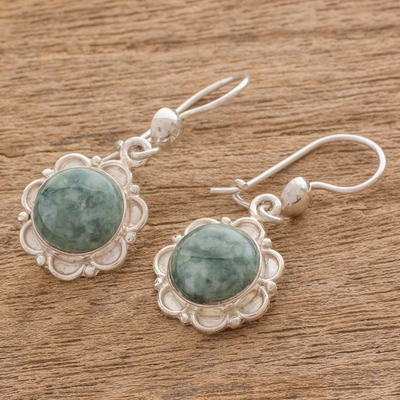 Jade dangle earrings, 'Green Forest Princess' - Fair Trade Floral Sterling Silver Dangle Jade Earrings