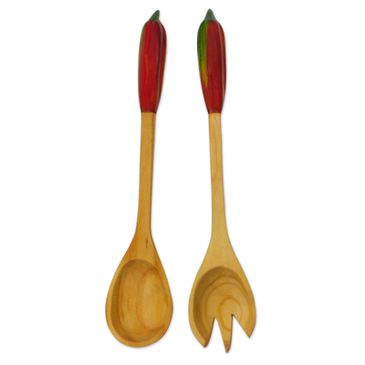 Wood salad serving set, 'Red Chili Pepper' (pair) - Hand Crafted Wood Salad Serving Set