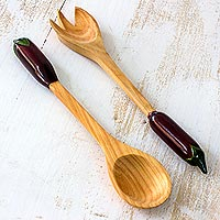Wood salad serving set, 'Eggplant' (pair) - Wood salad serving set (Pair)