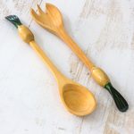 Wood salad serving set, 'Green Onion' (pair) - Wood Salad Serving Set