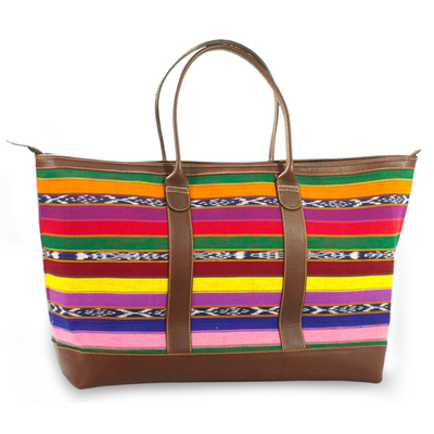 Striped Leather Accent and Cotton Tote Bag - Rainbow Voyages | NOVICA