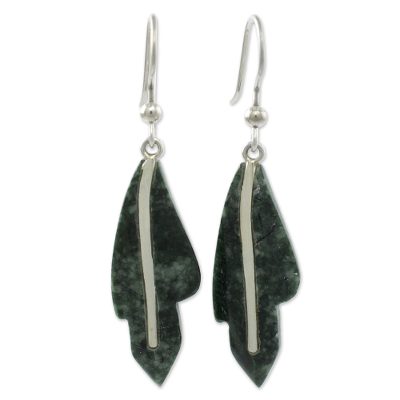 Jade dangle earrings, 'Philodendron in Dark Green' - Jade dangle earrings