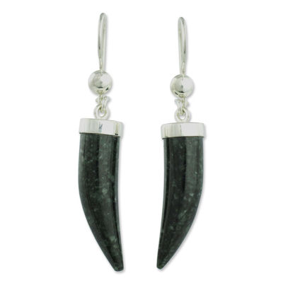 Jade dangle earrings, 'Forest Cat' - Artisan Crafted Sterling Silver Dark Green Jade Earrings