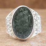 Men's Modern Sterling Silver Single Stone Jade Ring, 'Verdant Night'