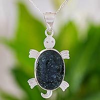 Jade pendant necklace, 'Dark Marine Turtle' - Jade pendant necklace