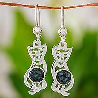 Jade dangle earrings, 'Mystic Green Cats' - Jade dangle earrings