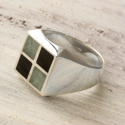 Men's jade ring, 'Royal Maya' - Artisan Crafted Jade Inlay Modern Men's Ring