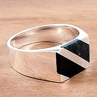 Men's jade ring, 'Lord of the Land' - Modern Means Black and Jade Inlay Sterling Silver Ring