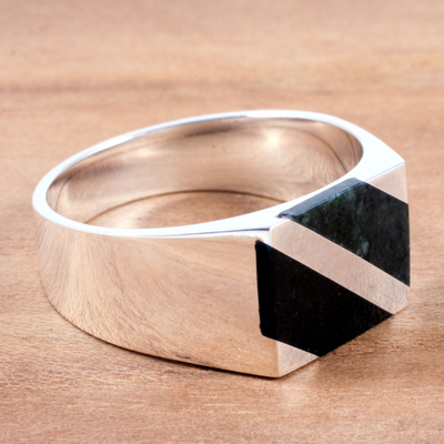 Men's jade ring, 'Lord of the Land' - Artisan Crafted Black and Green Jade Inlay Modern Men's Ring