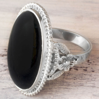 Hand Crafted Floral Black Jade Ring - Black Floral Embrace | NOVICA