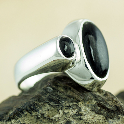 Jade cocktail ring, 'Night Cosmos' - Artisan Crafted Black Jade and Silver Cocktail Ring