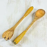 Cypress wood salad serving set, 'Golden Corn' (pair) - Cypress wood salad serving set (Pair)