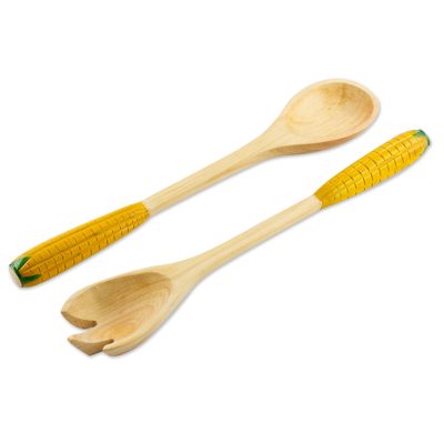 Cypress wood salad serving set, 'Golden Corn' (pair) - Cypress wood salad serving set (Pair)