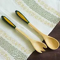 Wood salad serving set, 'Golden Maize' (pair) - Fair Trade Wood Serving Utensils